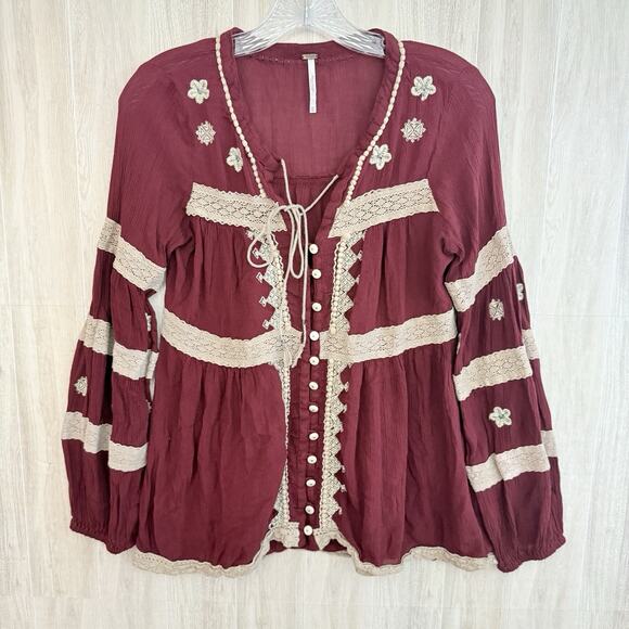 Free People Top XS Blouse Iris Cranberry Boho Peasant Button Up Long Sleeve - Picture 1 of 12